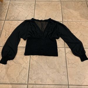 Sheer Long Sleeve Button Down V Neck Blouse